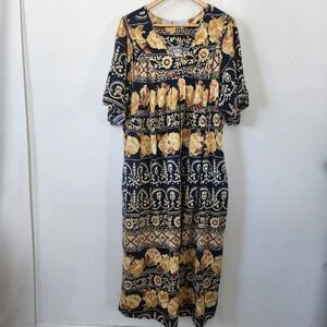 Vintage Phases Made In India Dress 100% Cotton XL Blue Yellow Sunflower